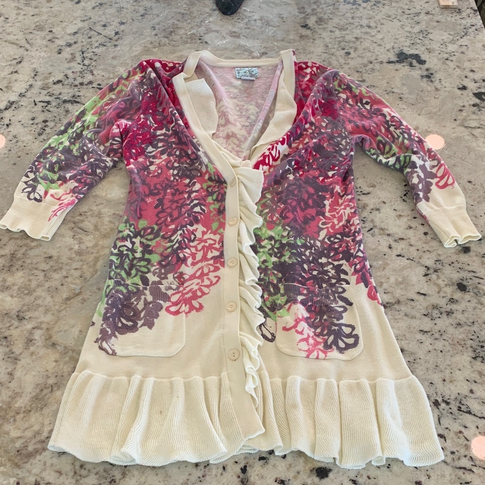 Anthropologie Cream and Multicolor Floral Cardigan